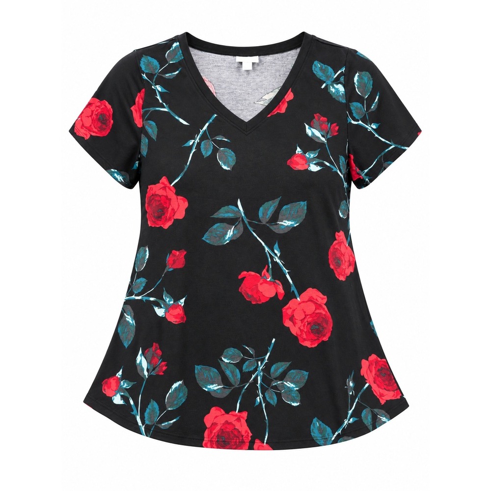 LuLaRoe Christy V-Neck T-Shirt Black Red Rose Floral Print Short Sleeve Large